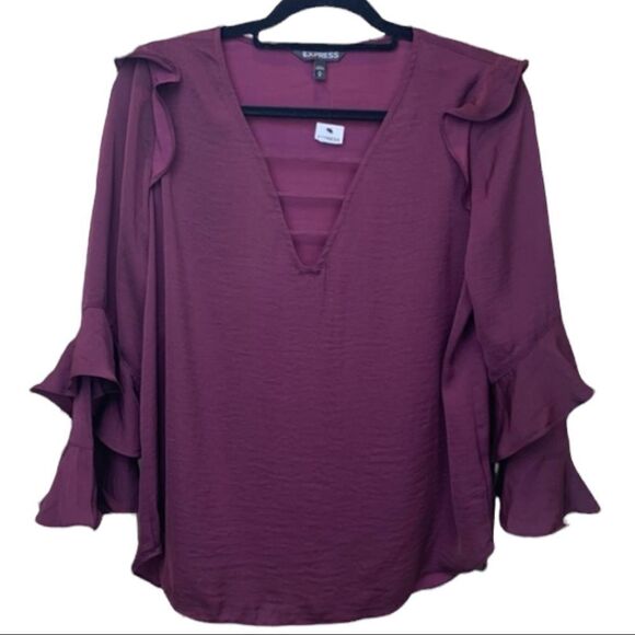 Express Burgundy Lightweight Ruffle Sleeve Top Size M - Picture 1 of 6